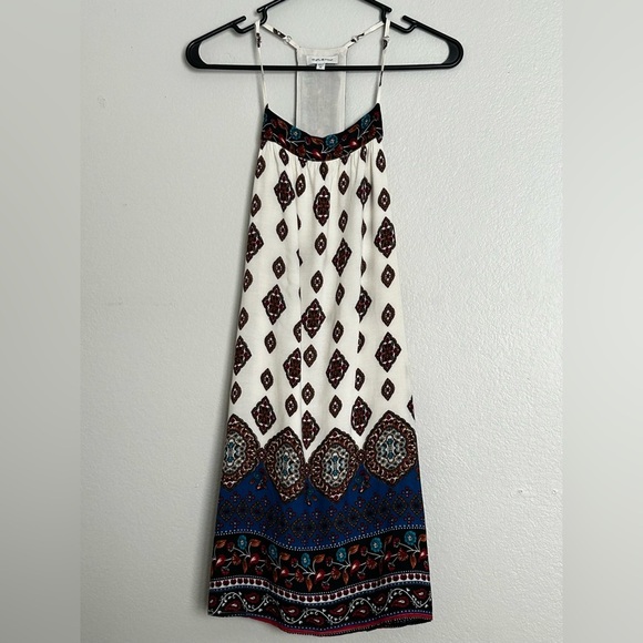 Solemio Cream and Blue Boho Mini Dress - Picture 2 of 13